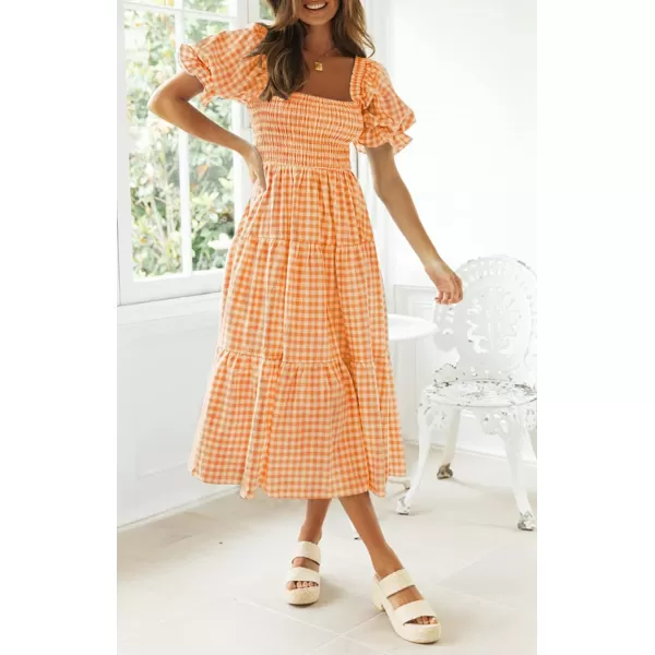 imageZESICA Womens 2024 Bohemian Summer Plaid Square Neck Puff Sleeve Ruffle Flowy Beach Midi DressOrange