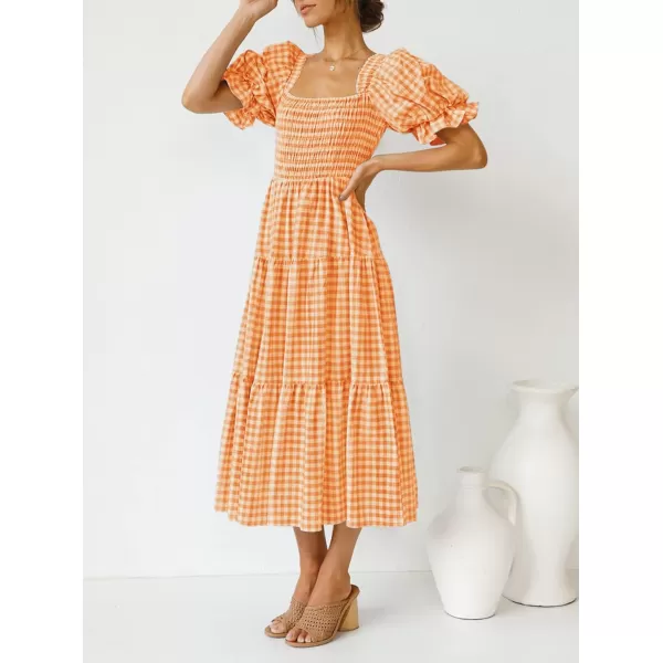 imageZESICA Womens 2024 Bohemian Summer Plaid Square Neck Puff Sleeve Ruffle Flowy Beach Midi DressOrange
