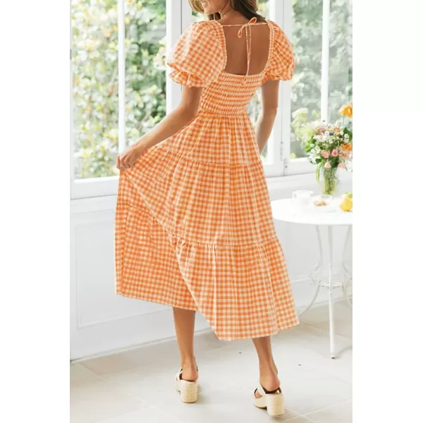 imageZESICA Womens 2024 Bohemian Summer Plaid Square Neck Puff Sleeve Ruffle Flowy Beach Midi DressOrange