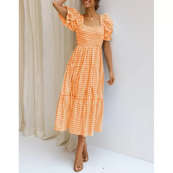 imageZESICA Womens 2024 Bohemian Summer Plaid Square Neck Puff Sleeve Ruffle Flowy Beach Midi DressOrange
