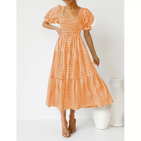 imageZESICA Womens 2024 Bohemian Summer Plaid Square Neck Puff Sleeve Ruffle Flowy Beach Midi DressOrange