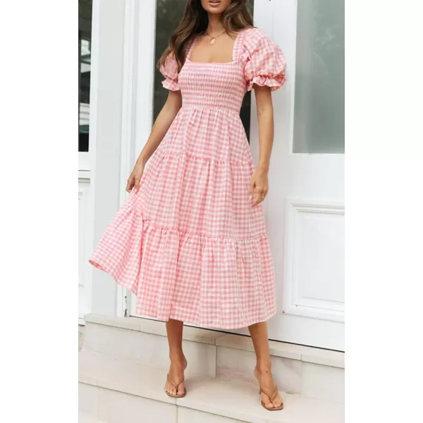imageZESICA Womens 2024 Bohemian Summer Plaid Square Neck Puff Sleeve Ruffle Flowy Beach Midi DressPink