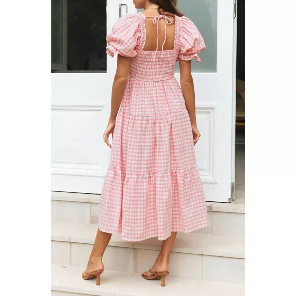 imageZESICA Womens 2024 Bohemian Summer Plaid Square Neck Puff Sleeve Ruffle Flowy Beach Midi DressPink