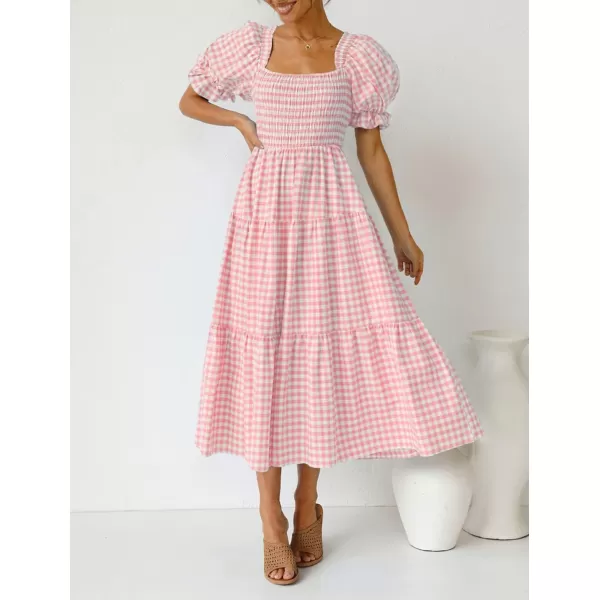 imageZESICA Womens 2024 Bohemian Summer Plaid Square Neck Puff Sleeve Ruffle Flowy Beach Midi DressPink