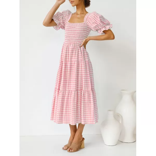 imageZESICA Womens 2024 Bohemian Summer Plaid Square Neck Puff Sleeve Ruffle Flowy Beach Midi DressPink