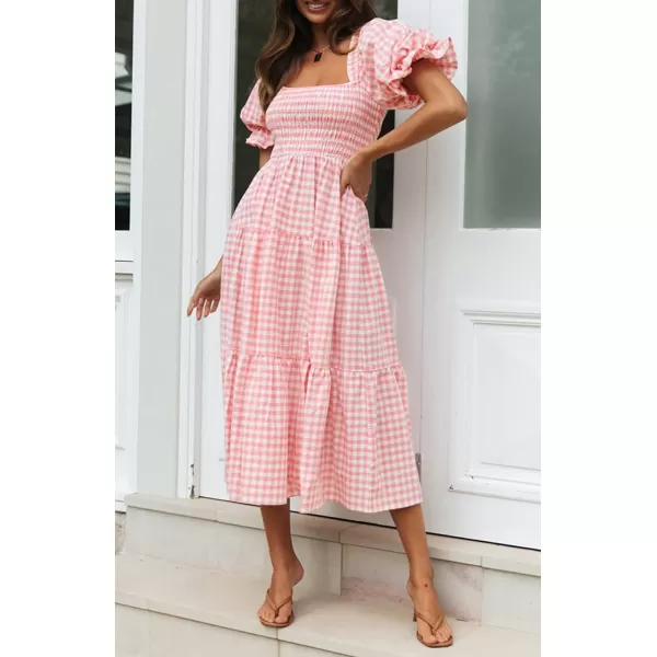 imageZESICA Womens 2024 Bohemian Summer Plaid Square Neck Puff Sleeve Ruffle Flowy Beach Midi DressPink