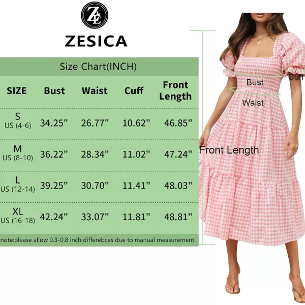 imageZESICA Womens 2024 Bohemian Summer Plaid Square Neck Puff Sleeve Ruffle Flowy Beach Midi DressPink