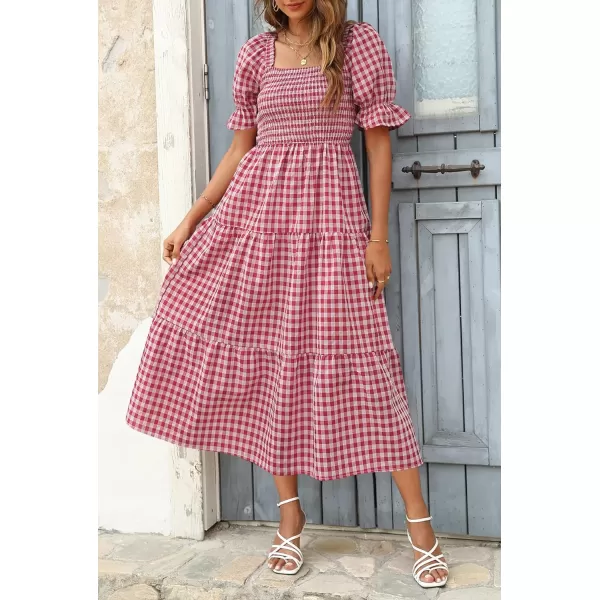 imageZESICA Womens 2024 Bohemian Summer Plaid Square Neck Puff Sleeve Ruffle Flowy Beach Midi DressRed