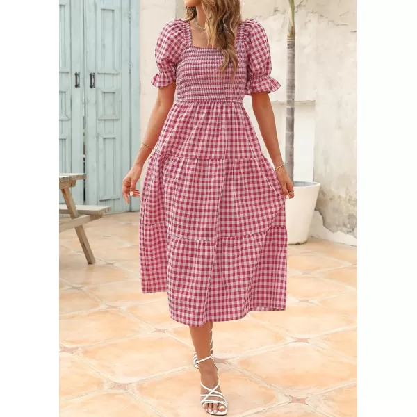 imageZESICA Womens 2024 Bohemian Summer Plaid Square Neck Puff Sleeve Ruffle Flowy Beach Midi DressRed