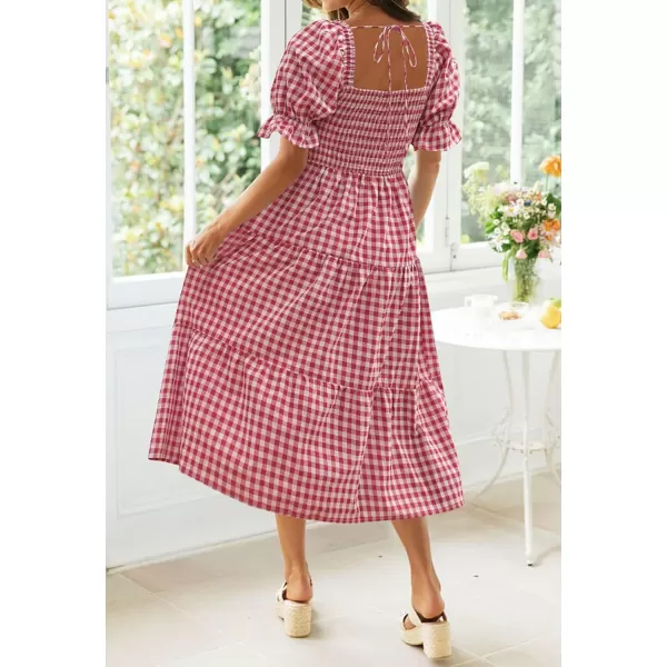 imageZESICA Womens 2024 Bohemian Summer Plaid Square Neck Puff Sleeve Ruffle Flowy Beach Midi DressRed
