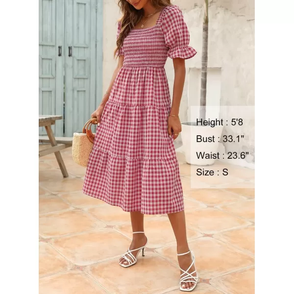 imageZESICA Womens 2024 Bohemian Summer Plaid Square Neck Puff Sleeve Ruffle Flowy Beach Midi DressRed