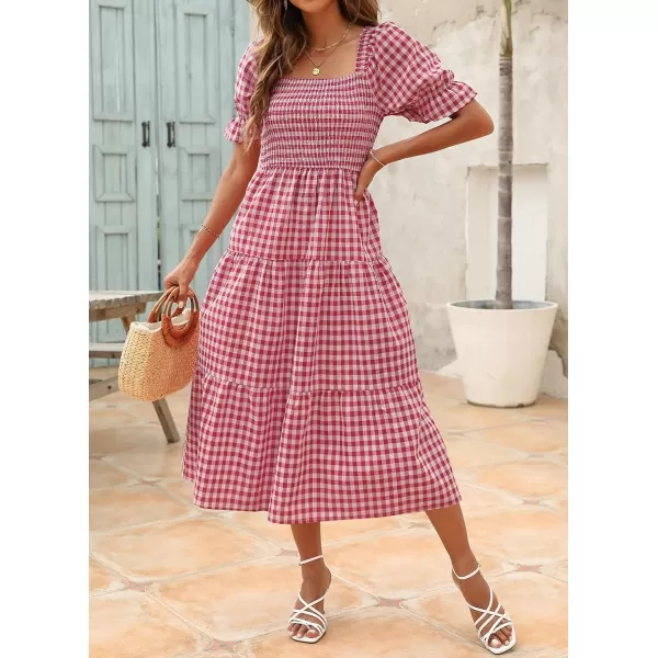 imageZESICA Womens 2024 Bohemian Summer Plaid Square Neck Puff Sleeve Ruffle Flowy Beach Midi DressRed