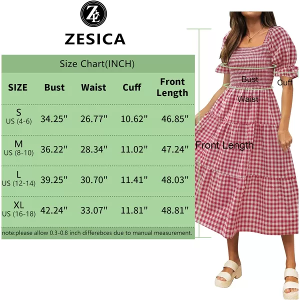 imageZESICA Womens 2024 Bohemian Summer Plaid Square Neck Puff Sleeve Ruffle Flowy Beach Midi DressRed