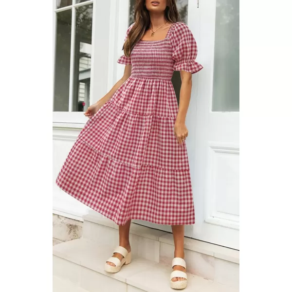 imageZESICA Womens 2024 Bohemian Summer Plaid Square Neck Puff Sleeve Ruffle Flowy Beach Midi DressRed