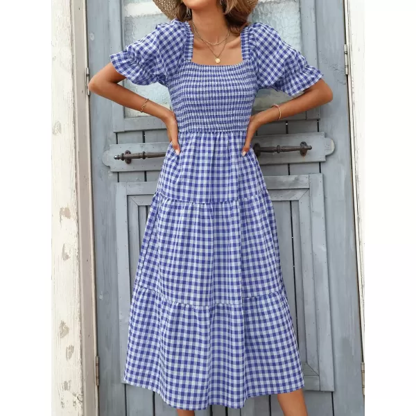 imageZESICA Womens 2024 Bohemian Summer Plaid Square Neck Puff Sleeve Ruffle Flowy Beach Midi DressRoyalblue