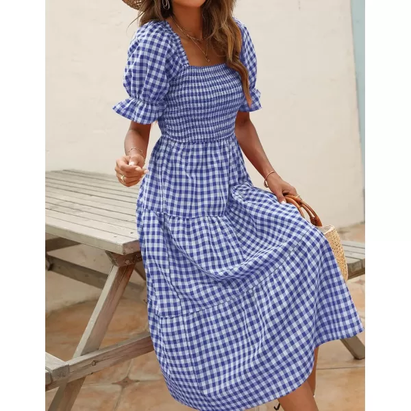 imageZESICA Womens 2024 Bohemian Summer Plaid Square Neck Puff Sleeve Ruffle Flowy Beach Midi DressRoyalblue