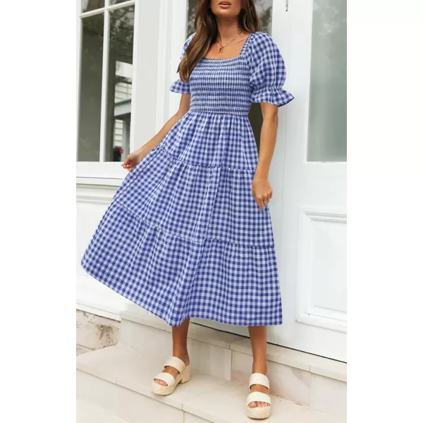 imageZESICA Womens 2024 Bohemian Summer Plaid Square Neck Puff Sleeve Ruffle Flowy Beach Midi DressRoyalblue