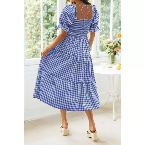 imageZESICA Womens 2024 Bohemian Summer Plaid Square Neck Puff Sleeve Ruffle Flowy Beach Midi DressRoyalblue