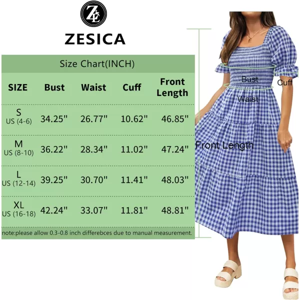 imageZESICA Womens 2024 Bohemian Summer Plaid Square Neck Puff Sleeve Ruffle Flowy Beach Midi DressRoyalblue