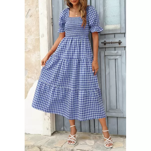 imageZESICA Womens 2024 Bohemian Summer Plaid Square Neck Puff Sleeve Ruffle Flowy Beach Midi DressRoyalblue