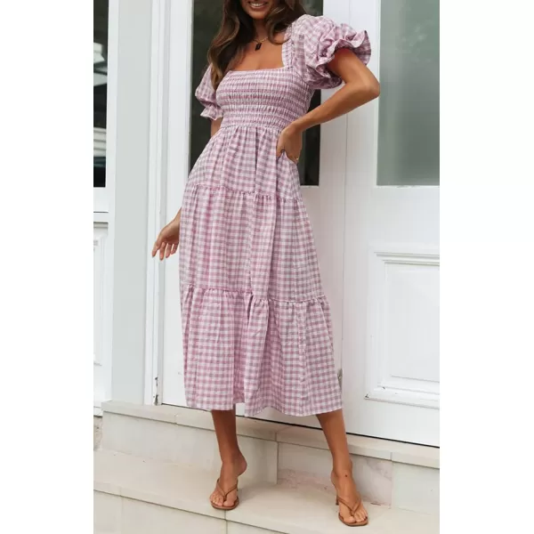 imageZESICA Womens 2024 Bohemian Summer Plaid Square Neck Puff Sleeve Ruffle Flowy Beach Midi DressTaro