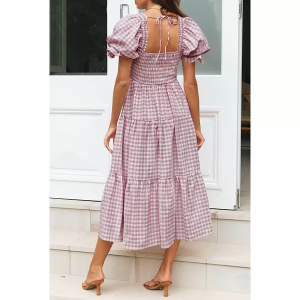 imageZESICA Womens 2024 Bohemian Summer Plaid Square Neck Puff Sleeve Ruffle Flowy Beach Midi DressTaro
