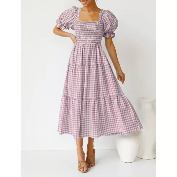 imageZESICA Womens 2024 Bohemian Summer Plaid Square Neck Puff Sleeve Ruffle Flowy Beach Midi DressTaro