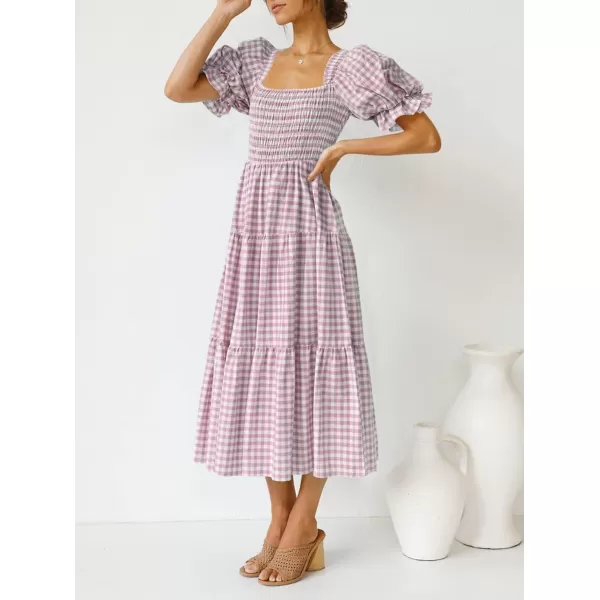imageZESICA Womens 2024 Bohemian Summer Plaid Square Neck Puff Sleeve Ruffle Flowy Beach Midi DressTaro
