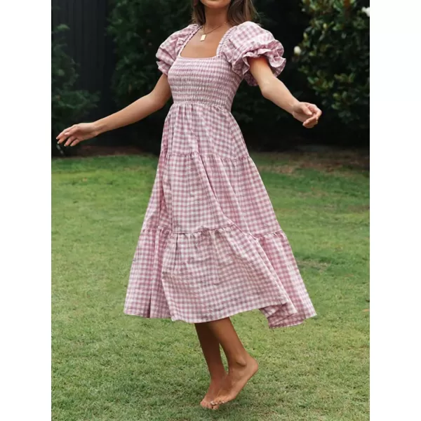 imageZESICA Womens 2024 Bohemian Summer Plaid Square Neck Puff Sleeve Ruffle Flowy Beach Midi DressTaro
