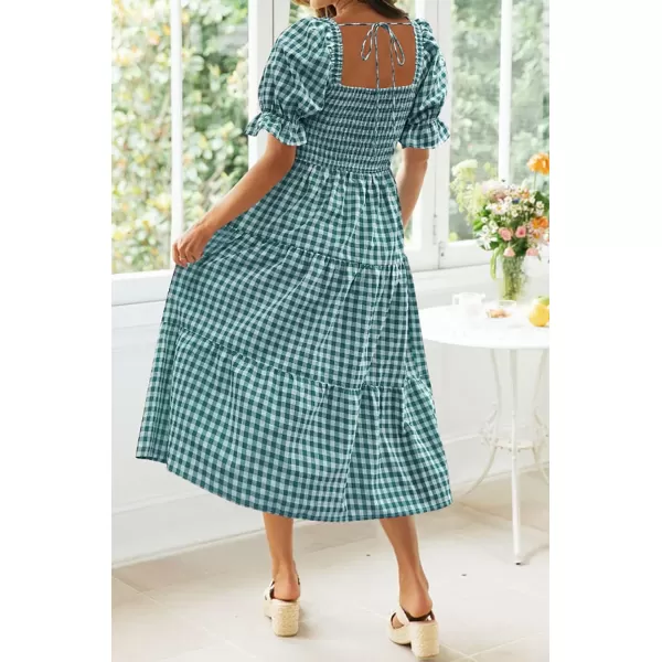 imageZESICA Womens 2024 Bohemian Summer Plaid Square Neck Puff Sleeve Ruffle Flowy Beach Midi DressTeal