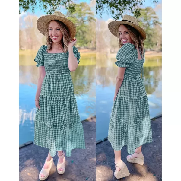 imageZESICA Womens 2024 Bohemian Summer Plaid Square Neck Puff Sleeve Ruffle Flowy Beach Midi DressTeal