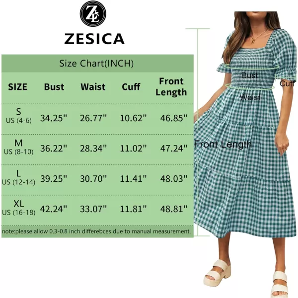 imageZESICA Womens 2024 Bohemian Summer Plaid Square Neck Puff Sleeve Ruffle Flowy Beach Midi DressTeal