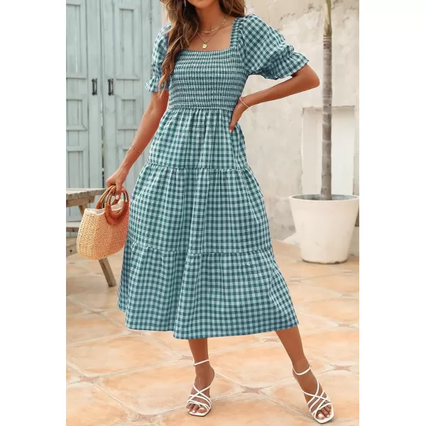 imageZESICA Womens 2024 Bohemian Summer Plaid Square Neck Puff Sleeve Ruffle Flowy Beach Midi DressTeal