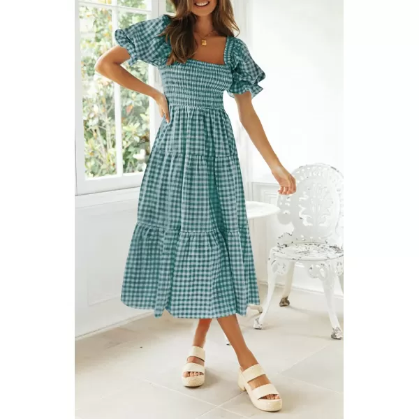imageZESICA Womens 2024 Bohemian Summer Plaid Square Neck Puff Sleeve Ruffle Flowy Beach Midi DressTeal