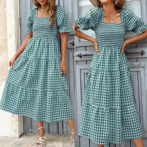imageZESICA Womens 2024 Bohemian Summer Plaid Square Neck Puff Sleeve Ruffle Flowy Beach Midi DressTeal