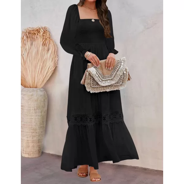 imageZESICA Womens 2024 Boho Long Sleeve Square Neck Smocked High Waist Flowy A Line Lace Trim Maxi DressBlack