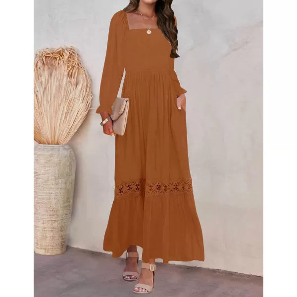 imageZESICA Womens 2024 Boho Long Sleeve Square Neck Smocked High Waist Flowy A Line Lace Trim Maxi DressBrown