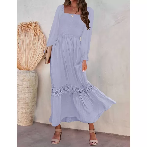 imageZESICA Womens 2024 Boho Long Sleeve Square Neck Smocked High Waist Flowy A Line Lace Trim Maxi DressDustytaro