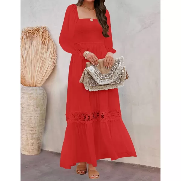 imageZESICA Womens 2024 Boho Long Sleeve Square Neck Smocked High Waist Flowy A Line Lace Trim Maxi DressFirered