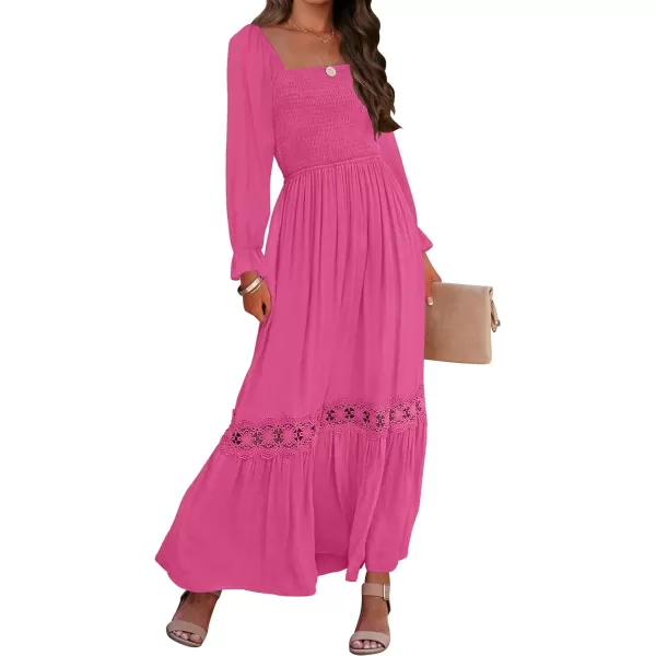 imageZESICA Womens 2024 Boho Long Sleeve Square Neck Smocked High Waist Flowy A Line Lace Trim Maxi DressRose