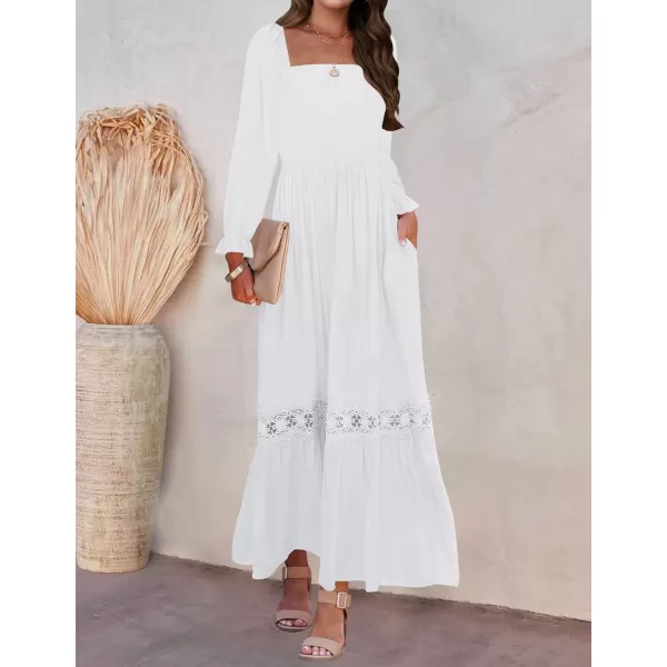 imageZESICA Womens 2024 Boho Long Sleeve Square Neck Smocked High Waist Flowy A Line Lace Trim Maxi DressWhite