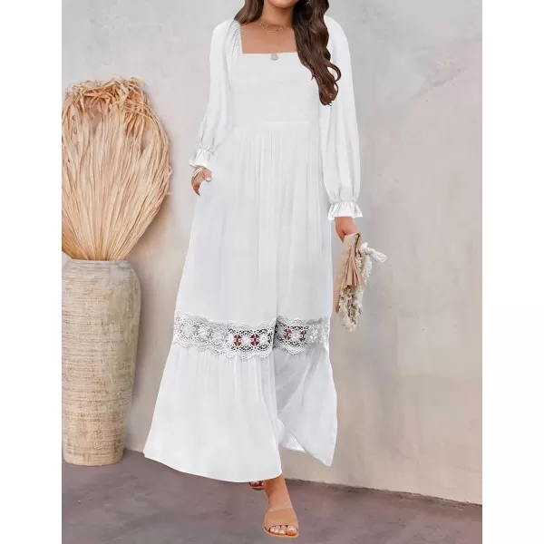 imageZESICA Womens 2024 Boho Long Sleeve Square Neck Smocked High Waist Flowy A Line Lace Trim Maxi DressWhite