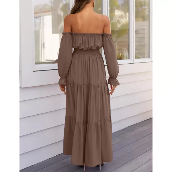 imageZESICA Womens 2024 Boho Sexy Off Shoulder Long Sleeve Smocked High Waist Side Split Flowy A Line Tiered Long Maxi DressCoffee