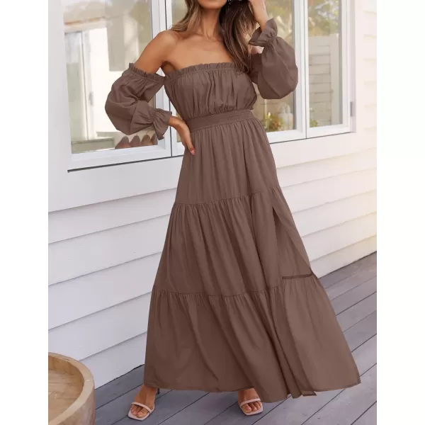 imageZESICA Womens 2024 Boho Sexy Off Shoulder Long Sleeve Smocked High Waist Side Split Flowy A Line Tiered Long Maxi DressCoffee