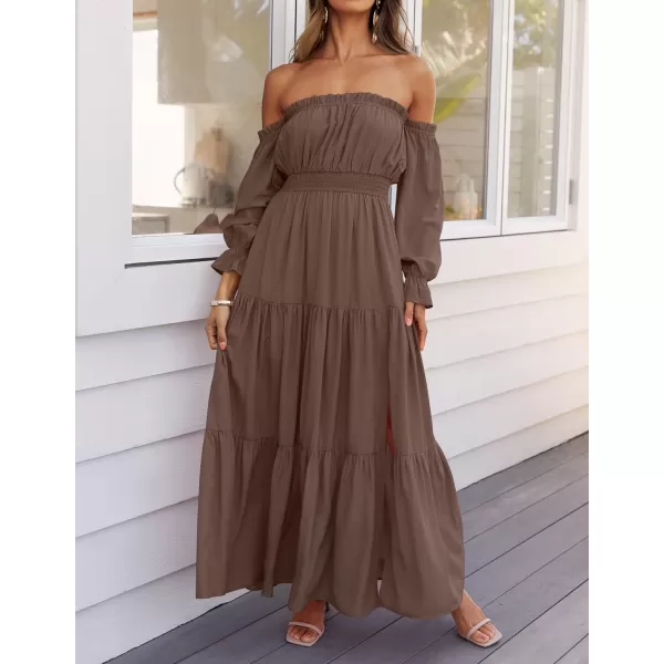 imageZESICA Womens 2024 Boho Sexy Off Shoulder Long Sleeve Smocked High Waist Side Split Flowy A Line Tiered Long Maxi DressCoffee