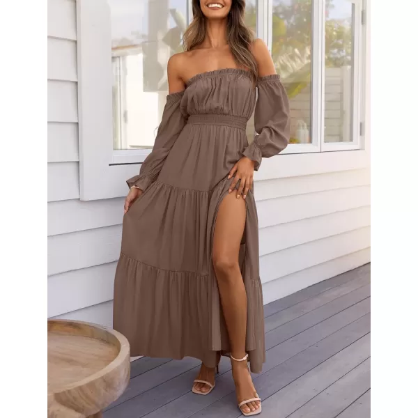 imageZESICA Womens 2024 Boho Sexy Off Shoulder Long Sleeve Smocked High Waist Side Split Flowy A Line Tiered Long Maxi DressCoffee