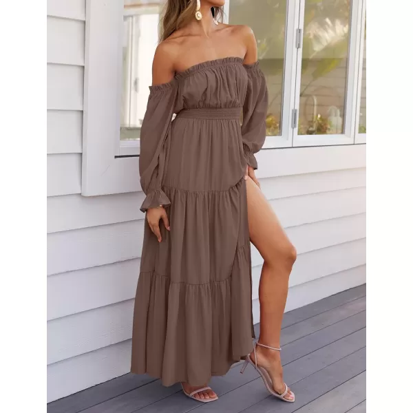 imageZESICA Womens 2024 Boho Sexy Off Shoulder Long Sleeve Smocked High Waist Side Split Flowy A Line Tiered Long Maxi DressCoffee