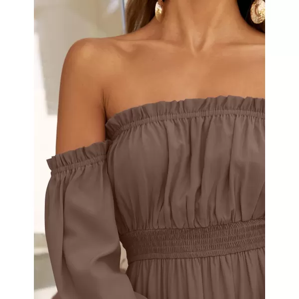 imageZESICA Womens 2024 Boho Sexy Off Shoulder Long Sleeve Smocked High Waist Side Split Flowy A Line Tiered Long Maxi DressCoffee