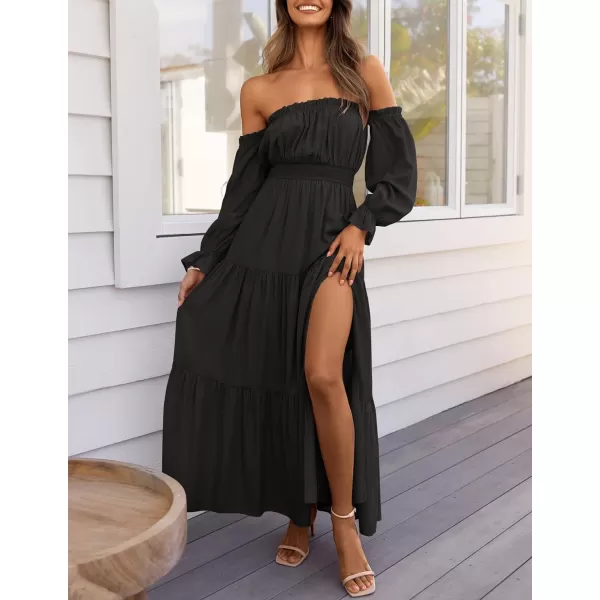 imageZESICA Womens 2024 Boho Sexy Off Shoulder Long Sleeve Smocked High Waist Side Split Flowy A Line Tiered Long Maxi DressDarkblack