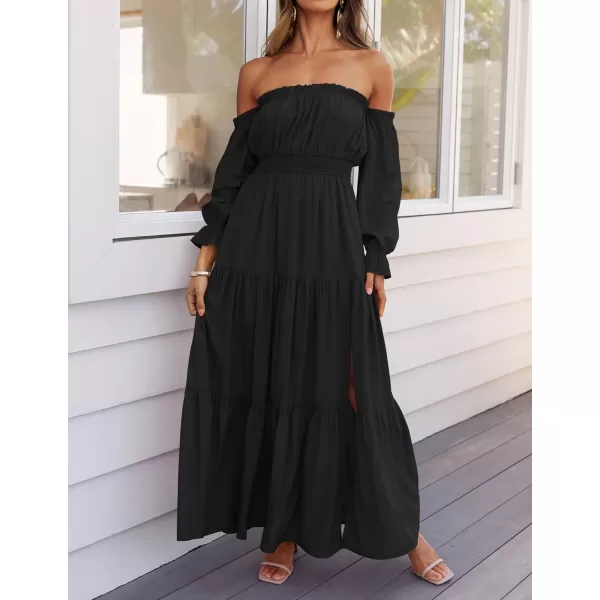 imageZESICA Womens 2024 Boho Sexy Off Shoulder Long Sleeve Smocked High Waist Side Split Flowy A Line Tiered Long Maxi DressDarkblack